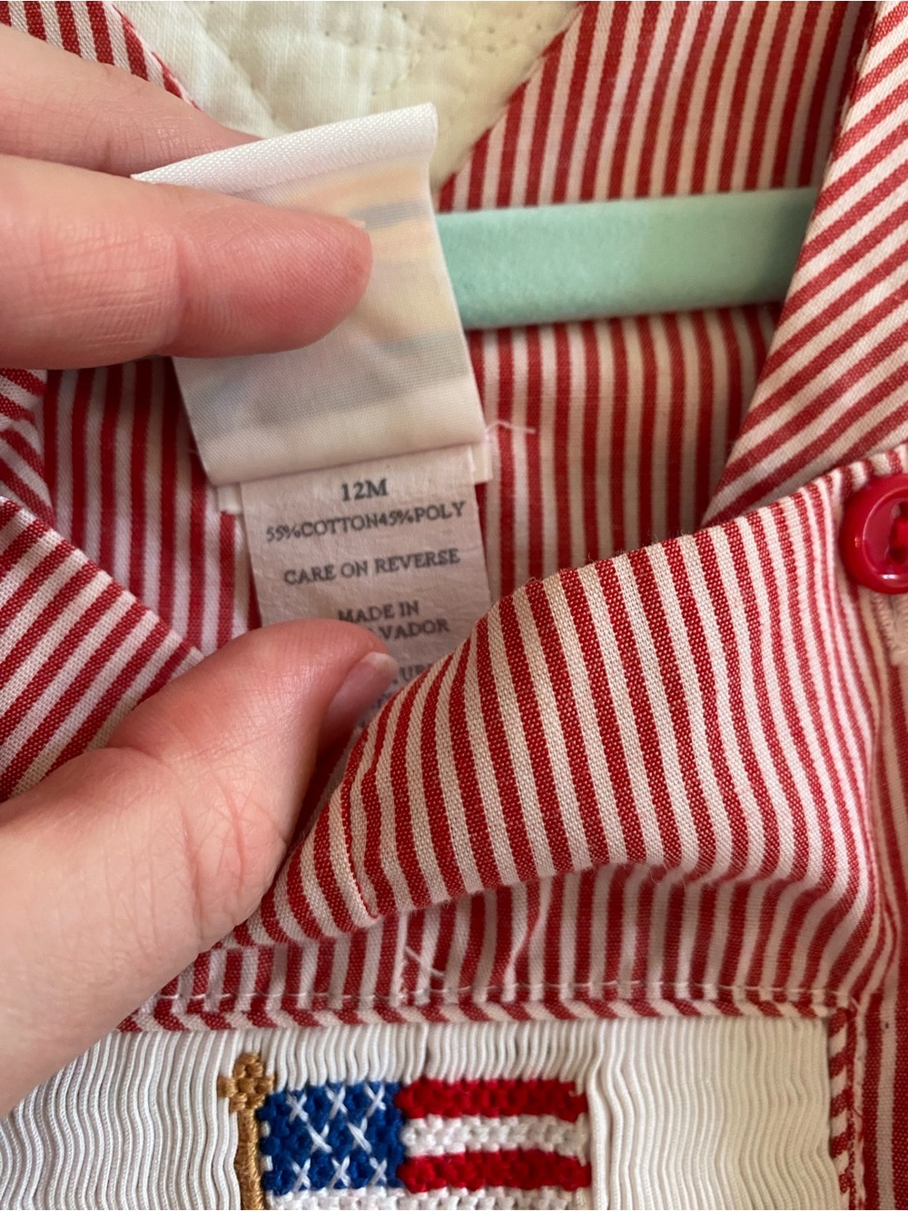 Red Striped Baby Boy Overalls with Smocked Flag Jon Jon - Picture 3 of 5